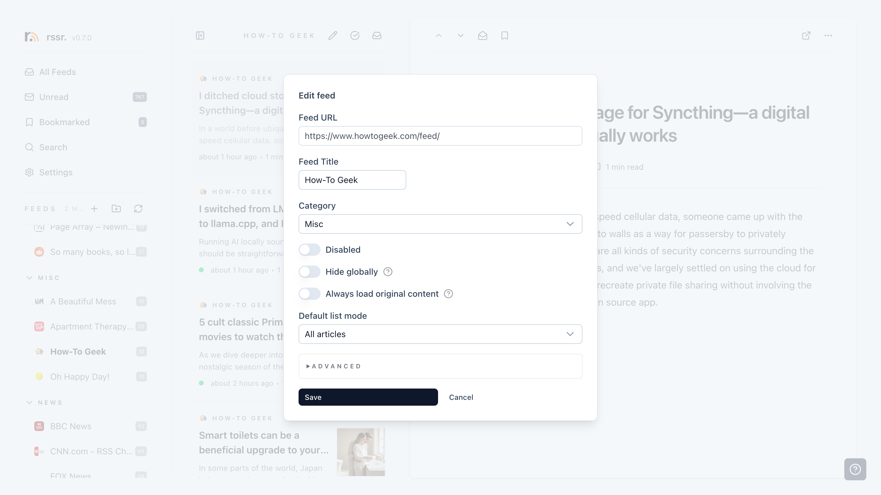 Feed edit modal open over the reader
