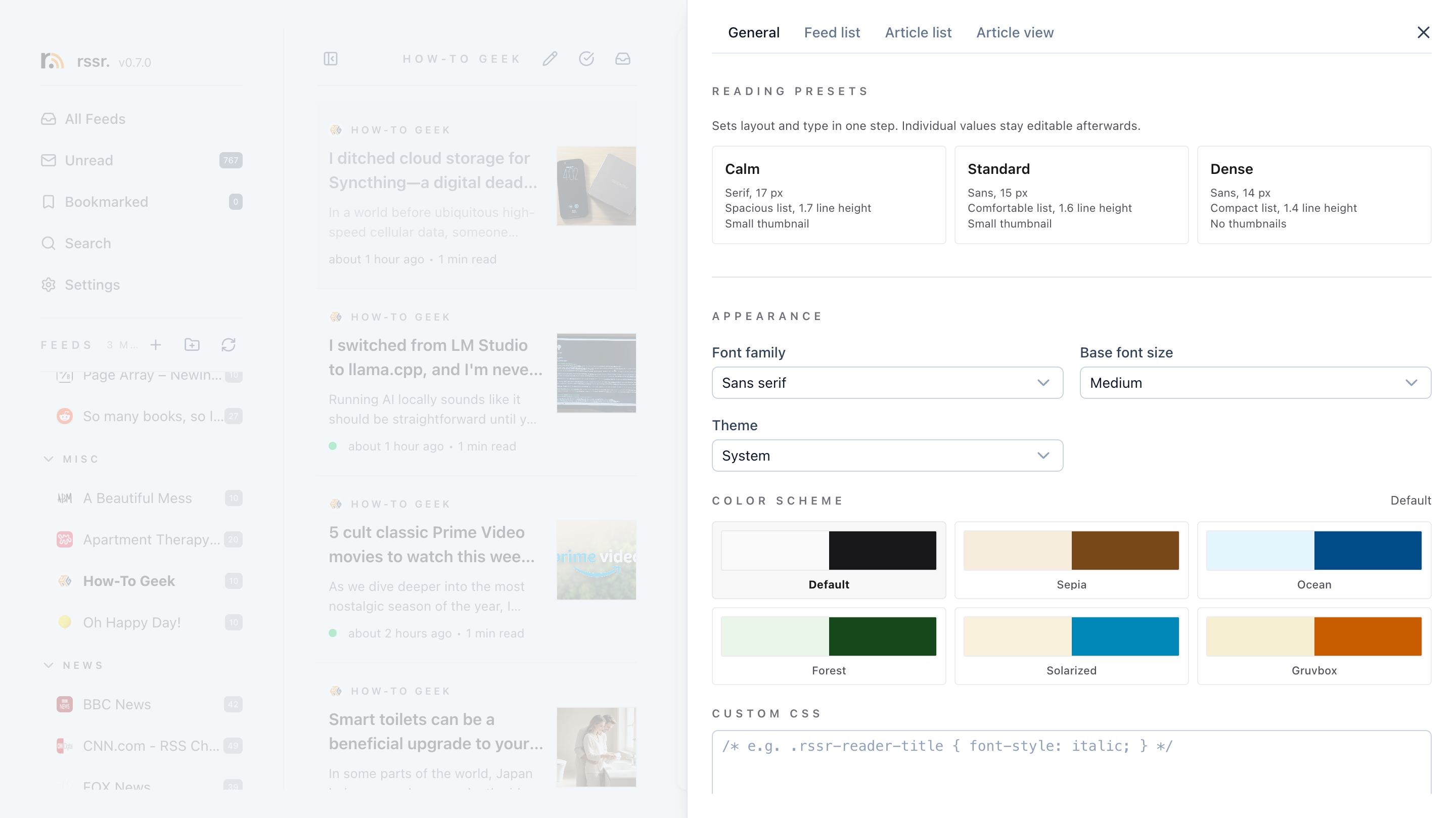 Settings panel with reading presets and color schemes